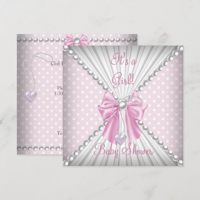 Pink Girl Baby Shower Pearl Polka Dots Einladung (Vorne/Hinten)