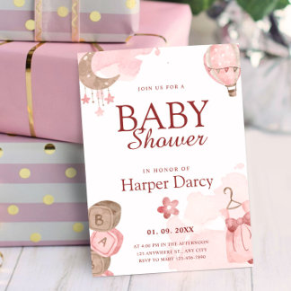 Pink Girl Baby Shower with Moon & Hot Air Balloon Einladung