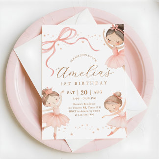 Pink Girl Ballerina 1st Birthday Party Einladung