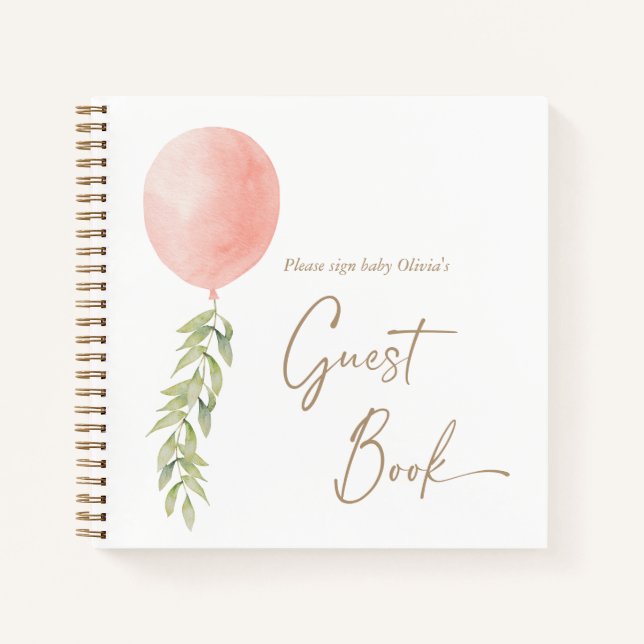 Pink Girl Balloon Eucalyptus Foliage Gästebuch Notizbuch (Vorderseite)