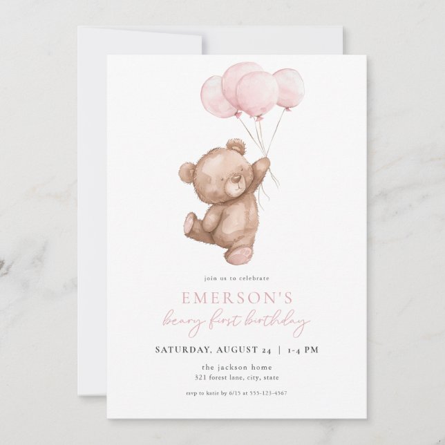 Pink Girl Beary Erster Geburtstag Einladung (Vorderseite)