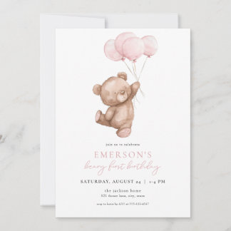 Pink Girl Beary Erster Geburtstag Einladung