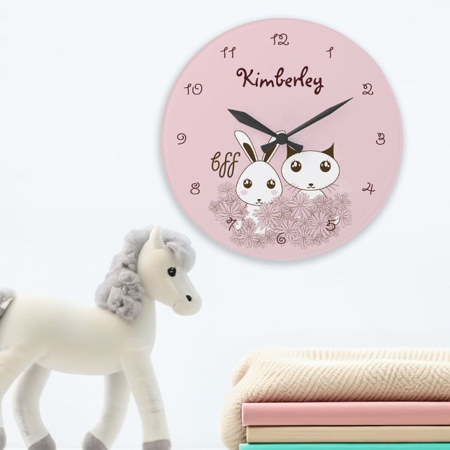 Pink Girl BFF Cute Cartoon Kitten and Bunny Kids Große Wanduhr (Von Creator hochgeladen)