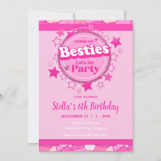 Pink Girl Birthday, Pink Besties Party Einladung (Vorderseite)