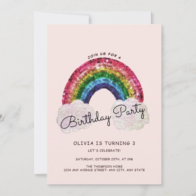 Pink Girl Birthday Rainbow Einladung (Vorderseite)