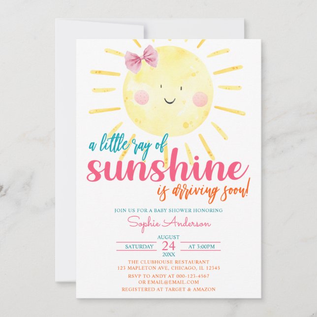 Pink Girl Bow ein wenig Ray Sunshine Baby Dusche Einladung (Vorderseite)