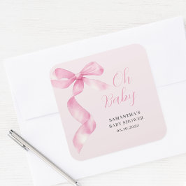 Pink Girl Bow Oh Baby Dusche Quadratischer Aufkleber