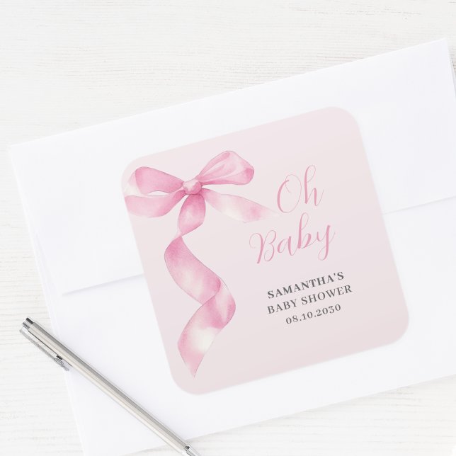 Pink Girl Bow Oh Baby Dusche Quadratischer Aufkleber (Von Creator hochgeladen)