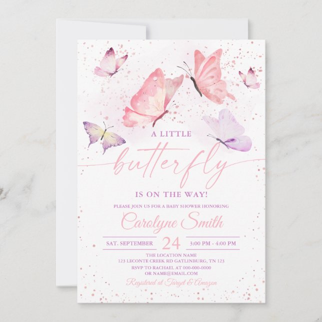 Pink Girl Butterfly Baby Dusche Einladung (Vorderseite)