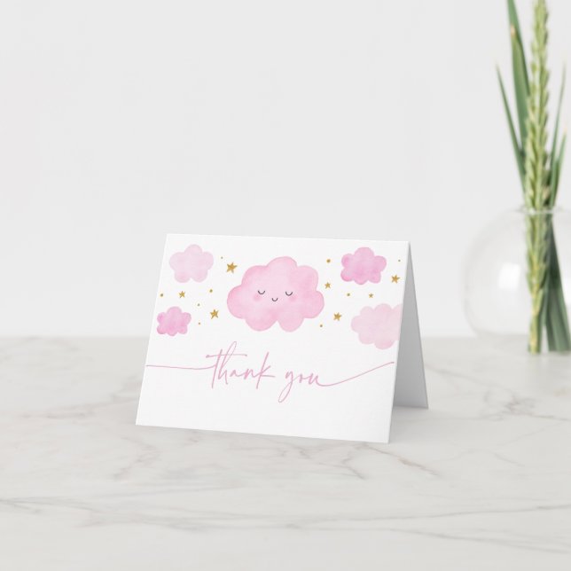 Pink Girl Cloud Stars Baby Sprinkle Dankeskarte (Vorderseite)