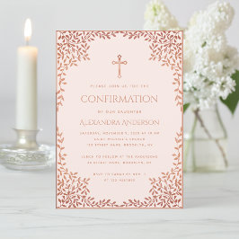 Pink Girl Confirmation Rose Gold Blätter Religiöse Einladung