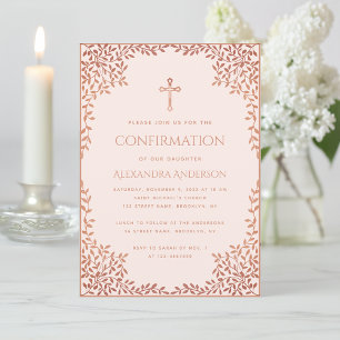 Pink Girl Confirmation Rose Gold Blätter Religiöse Einladung