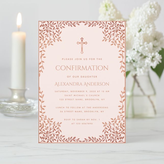 Pink Girl Confirmation Rose Gold Blätter Religiöse Einladung (Von Creator hochgeladen)