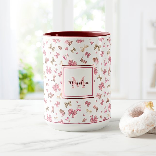 Pink Girl Cowgirl Western Pattern Mit Monogramm Tasse (Von Creator hochgeladen)