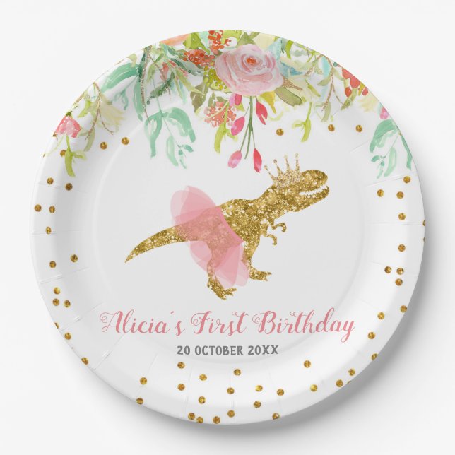 Pink Girl Dinosaur Papierplatte Party Plate Pappteller (Vorderseite)