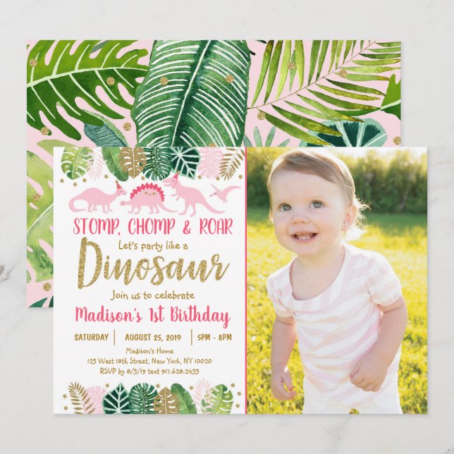 Pink Girl Dinosaur Tropical Birthday Einladung (Vorne/Hinten)
