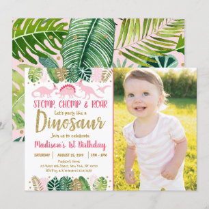 Pink Girl Dinosaur Tropical Birthday Einladung