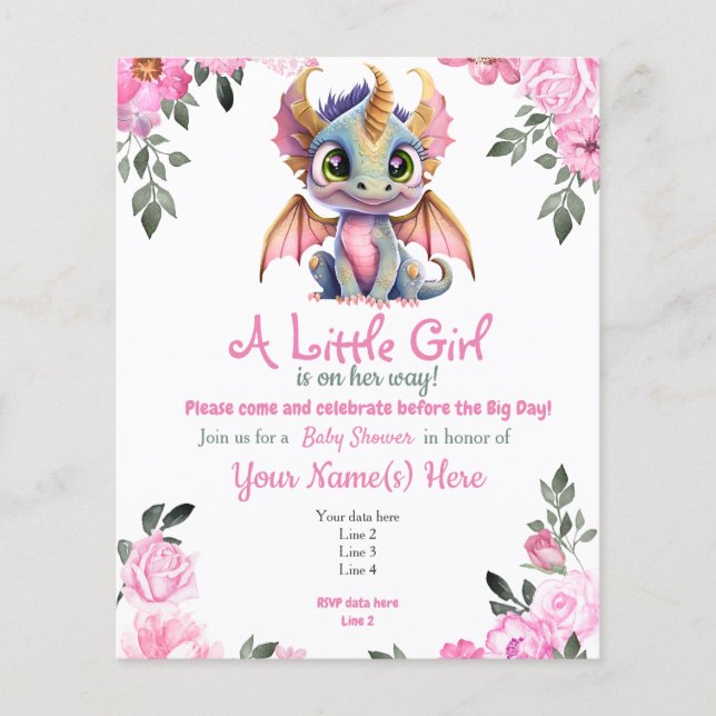 Pink Girl Dragon Floral Baby Dusche Einladung Flyer (Vorne)