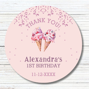 Pink Girl Eis 1. Geburtstag Danke schön Runder Aufkleber
