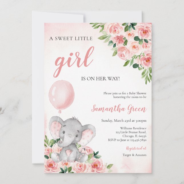 Pink Girl Elephant Baby Shower Einladung (Vorderseite)