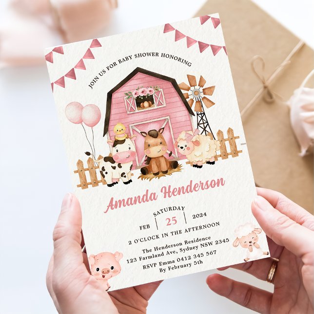 Pink Girl Farm Animals Baby Dusche Party Einladung (Von Creator hochgeladen)