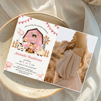 Pink Girl Farm Animals Baby Dusche Party Foto Einladung