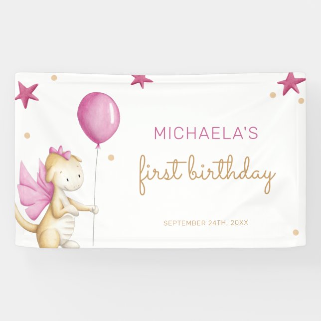 Pink Girl First Birthday Dragon Party Banner (Horizontal)