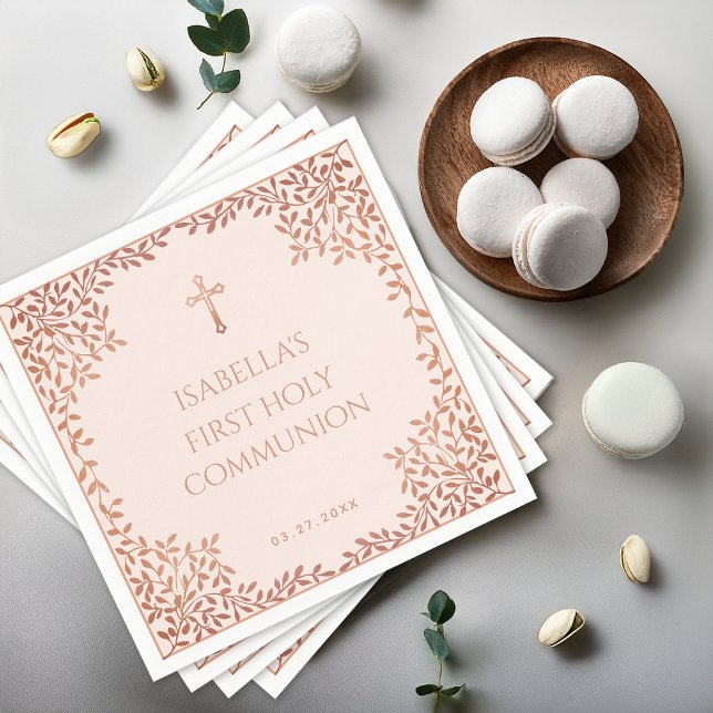 Pink Girl First Communion Rose Gold Blätter Elegan Serviette (Von Creator hochgeladen)