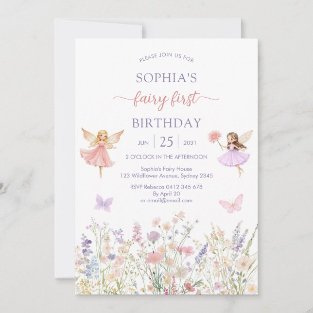 Pink Girl Floral Fairy First 1st Birthday Einladung (Vorderseite)