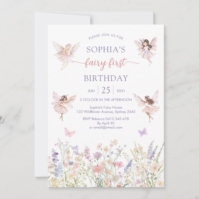 Pink Girl Floral Fairy First 1st Birthday Einladung (Vorderseite)