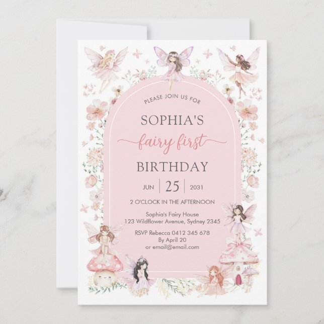 Pink Girl Floral Fairy First 1st Birthday Einladung (Vorderseite)