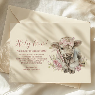 Pink Girl Floral Highland Kuh 1. Geburtstag Einladung
