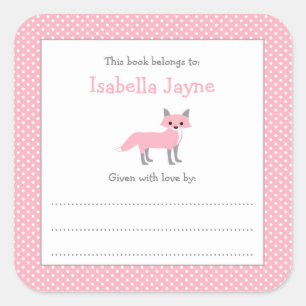 Pink Girl Fox Buchzeichen-Aufkleber Quadratischer Aufkleber