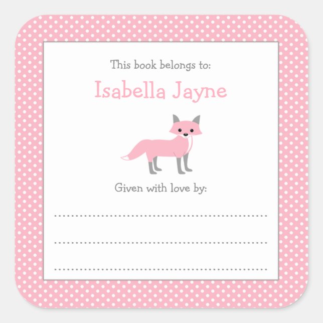 Pink Girl Fox Buchzeichen-Aufkleber Quadratischer Aufkleber (Vorderseite)