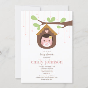Pink Girl Owl in Birdhouse Babydusche Einladung