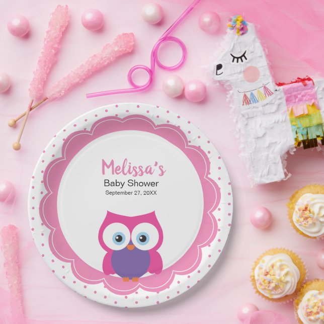 Pink Girl Owl Niedliche expressive Augen Pappteller (Party)