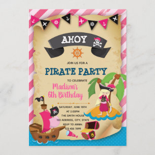Pink girl pirate thème invitation