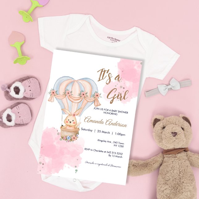Pink Girl Rabbit Balloon Kinderdusche Einladung (Pink Girl Rabbit Balloon Baby Shower Invite)