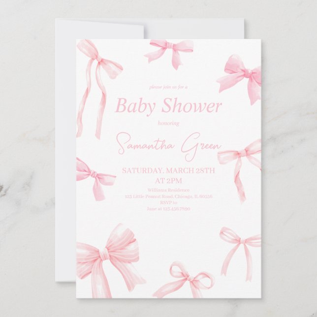 Pink Girl Ribbon Minimalistisch Baby Dusche Einladung (Vorderseite)