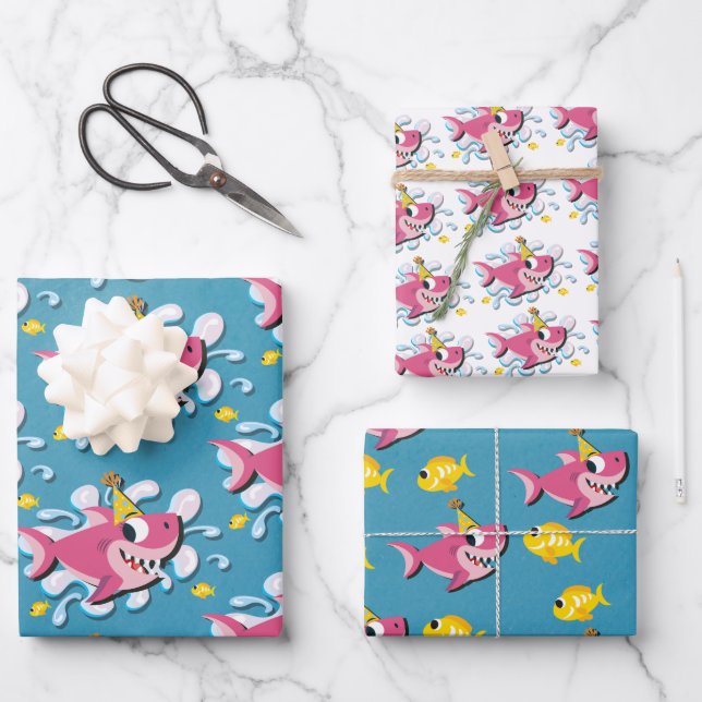 Pink Girl Shark Baby Birthday Geschenkpapier Set (Vorderseite)