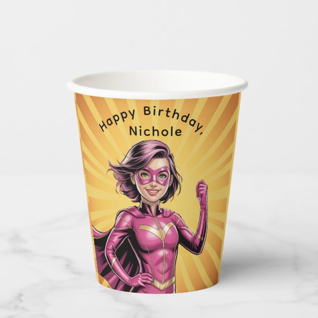 Pink Girl Superhero Birthday Party Pappbecher (Vorderseite)