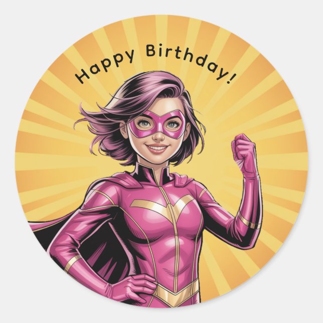 Pink Girl Superhero Birthday Party Runder Aufkleber (Vorderseite)