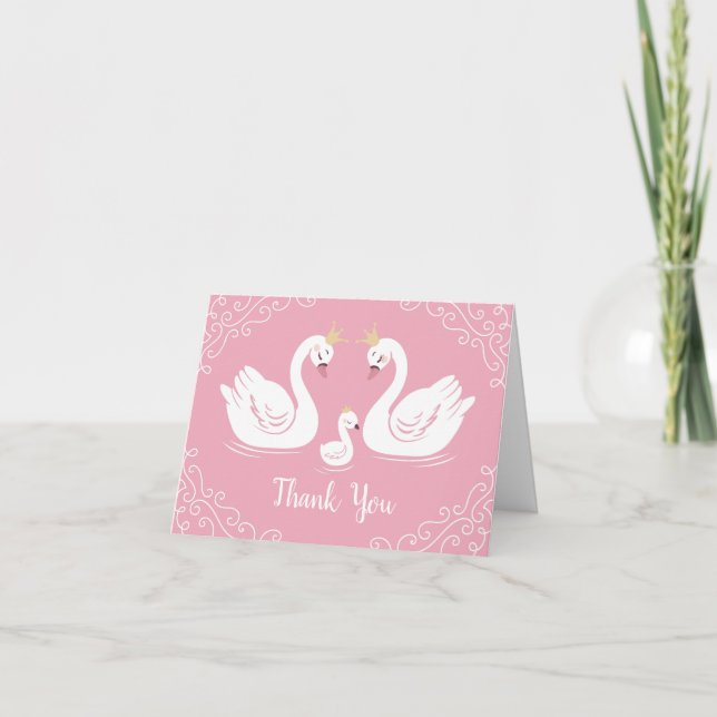 Pink Girl Swans Babydusche Dankeskarte (Vorderseite)