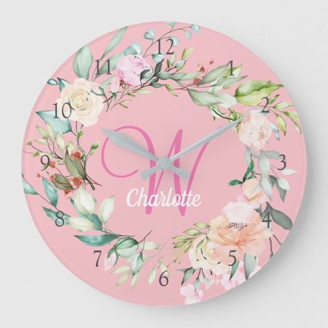 Pink Girl Sweet Summer Rose Initial Monogram Große Wanduhr (Vorderseite)