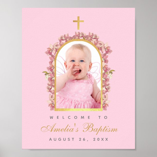 Pink Girl Taufe Foto Gold Arch Poster (Vorne)