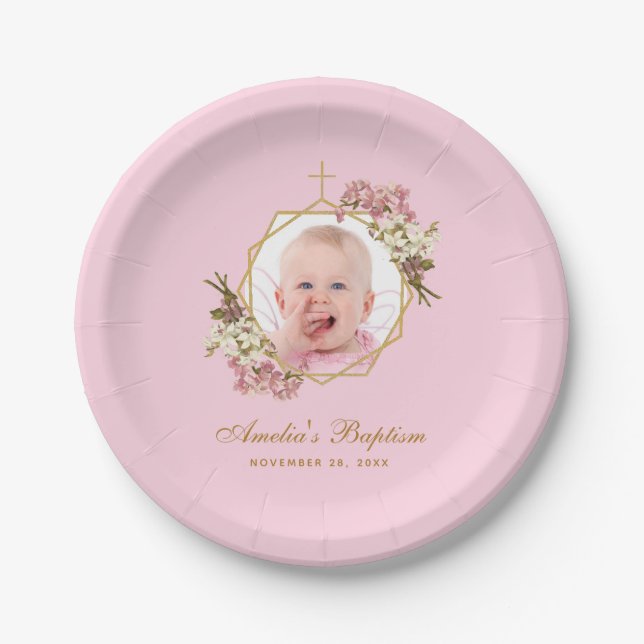 Pink Girl Taufe Foto Orchids Floral Geometric Pappteller (Vorderseite)