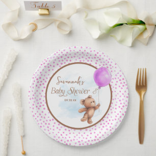 Pink Girl Teddy Bear Babydusche Papierplatte Pappteller