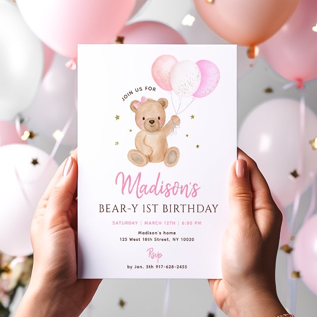 Pink Girl Teddy Bear Balloon First Birthday Einladung (Von Creator hochgeladen)