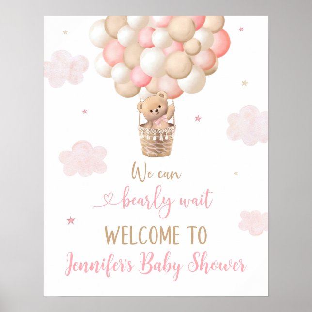 Pink Girl Teddy Bear Balloons Babydusche Willkomme Poster (Vorne)
