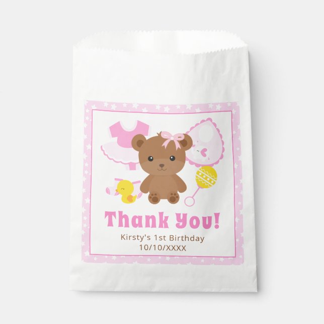 Pink Girl Teddy Bear Clothes Birthday Geschenktütchen (Vorderseite)
